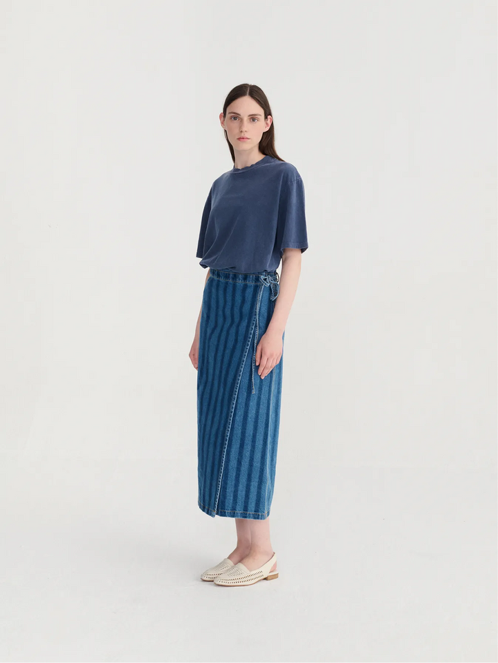 Striped denim wrap skirt