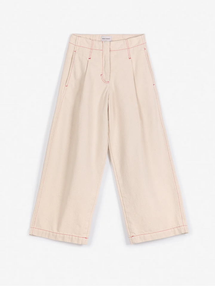 Ecru twill pleated barrel pants