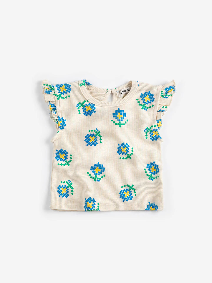 Pixel Flowers all over ruffled top