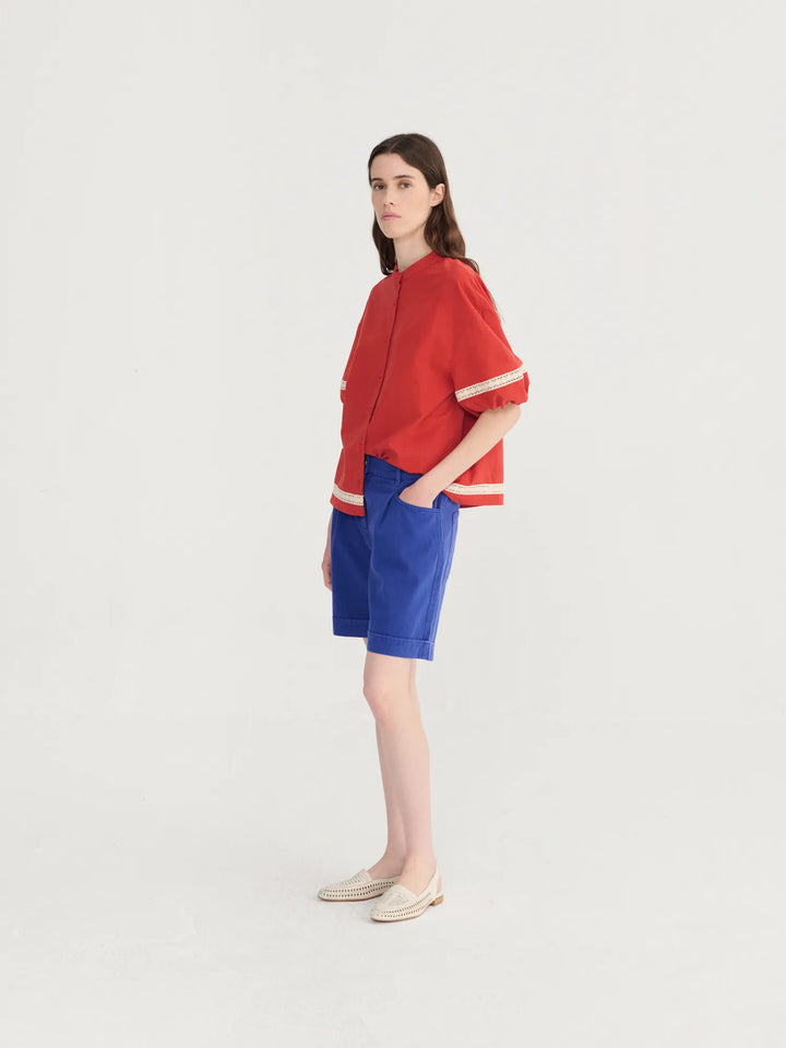 Contrast-trim puff sleeve shirt