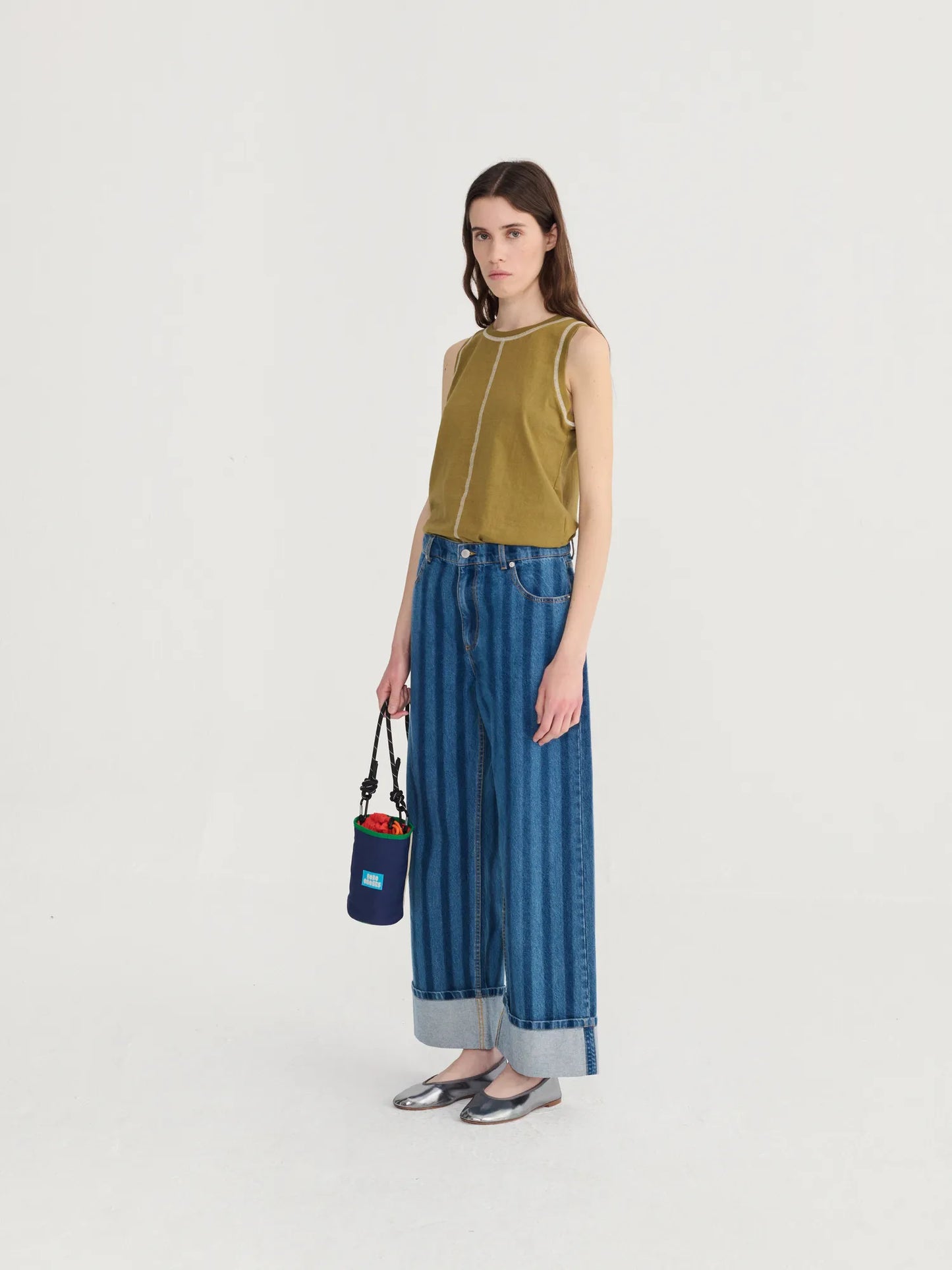Striped wide-leg denim pants