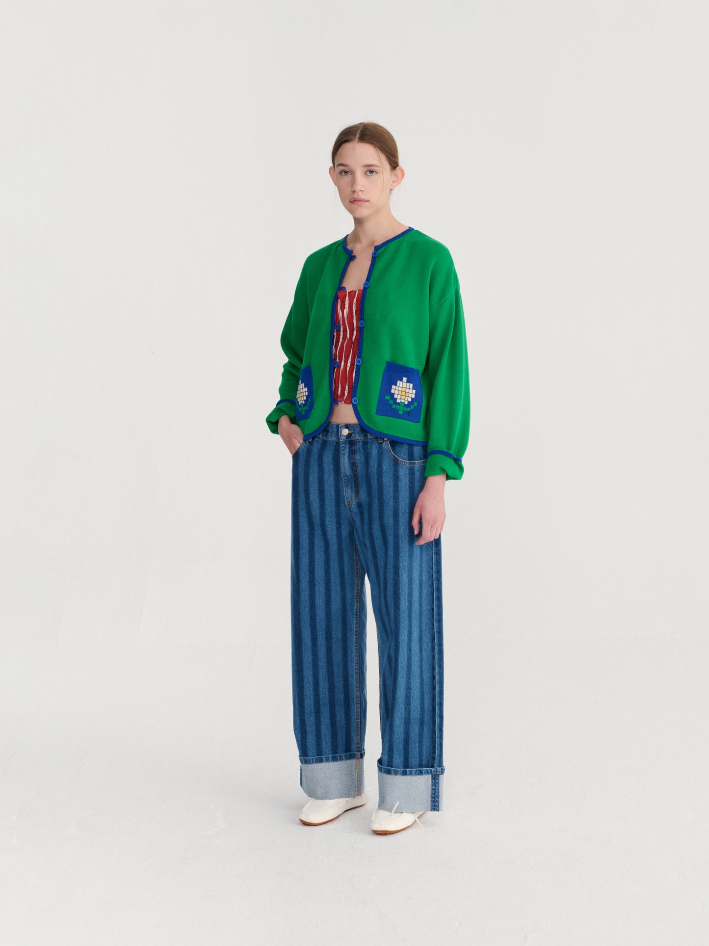 Striped wide-leg denim pants