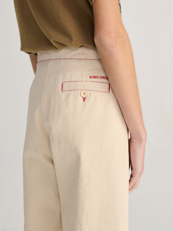 Ecru twill pleated barrel pants