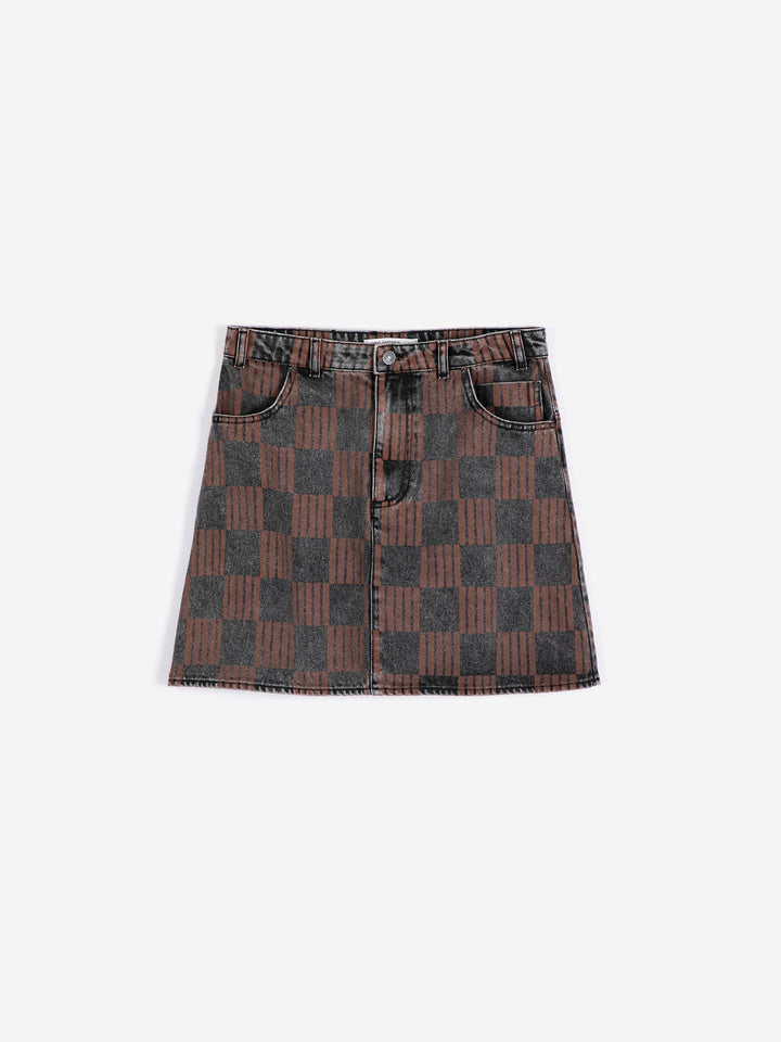 Almost Moiré all over washed denim mini skirt