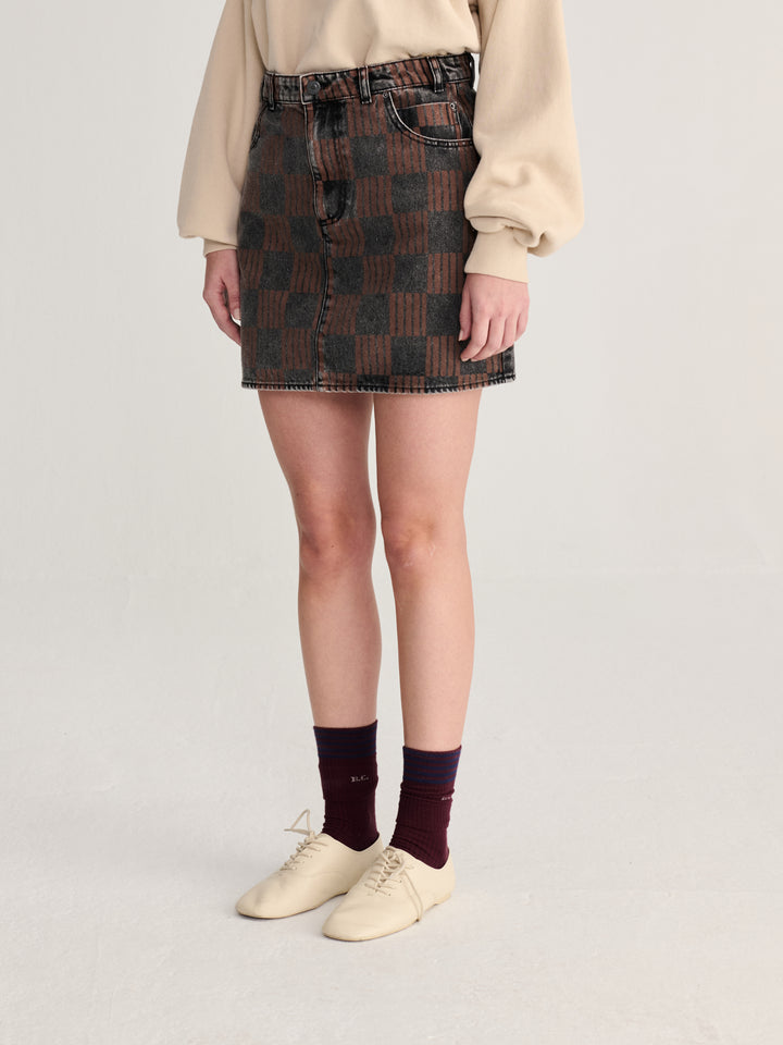Almost Moiré all over washed denim mini skirt