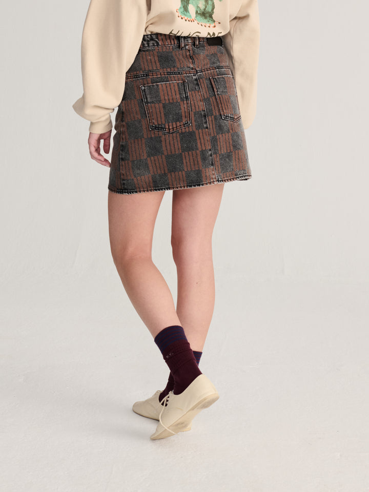 Almost Moiré all over washed denim mini skirt