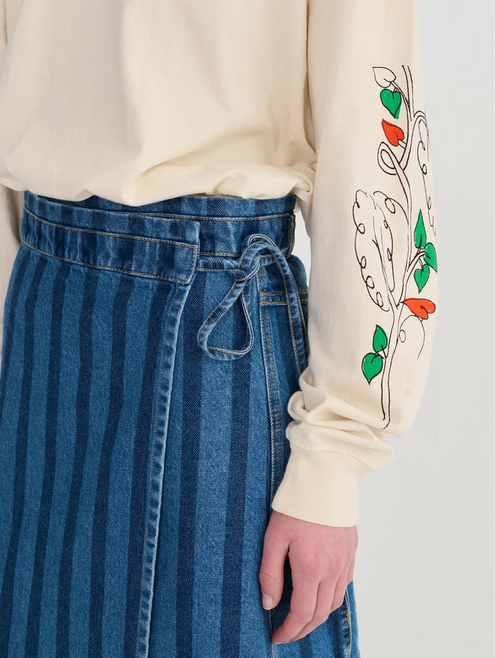 Striped denim wrap skirt